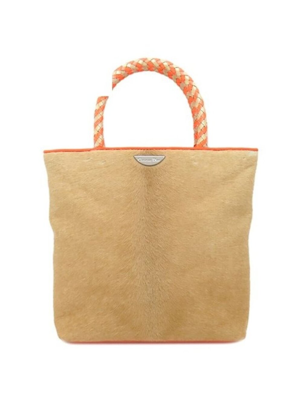 Dior Handbag Calf Hair Mini Tote Beige Orange Silver